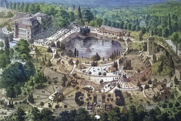 Historical illustration of Frankfurt Zoological Garden, Frankfurt Zoo, Germany/Historical illustration of Frankfurt Zoological Garden, the zoo of Frankfurt, Germany, historical, digitally restored reproduction of an original model from the 19th century, exact original date not known, colored later