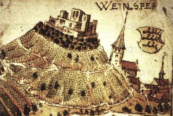 Weinsberg is a town in the district of Heilbronn, Baden-Württemberg, Germany. An early view of the castle and town. Excerpt from a map from 1578/Weinsberg is a town in Heilbronn County, Germany. Detail from a map from 1578, historical, digitally restored reproduction of an original model from the 19th century, exact original date unknown, subsequently colored