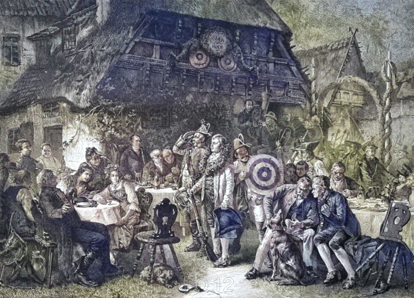 Schützen and the shooting king at a shooting festival in Hanover, Germany/Marksmen and the king of the shooting festival at a shooting festival in Hanover, Germany, historical, digitally restored reproduction of an original original from the 19th century, exact original date not known, subsequently colored