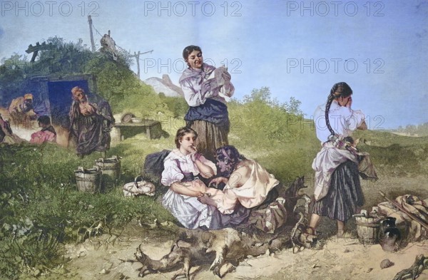Historical illustration of a fortune teller, fortune teller, fortune telling, the practice of predicting information about a person's life. Woman, Gypsy in a small village in Hungary/Historical illustration of a fortune teller, fortune-telling, the practice of predicting information about a person's life. Woman, Gypsy woman in a small village in Hungary, historically, digitally restored reproduction of an original model from the 19th century, exact original date unknown, colored later