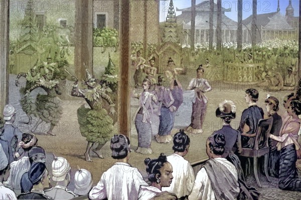 Historical illustration of the government palace of Mandalay, Burma, Myanmar, with a pantomime show for visitors/Historical illustration of the government Palace of Mandalay, with a pantomime show for the visitors, historical, digitally restored reproduction of an original model from the 19th century, exact original date not known, subsequently colored