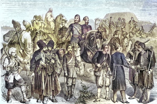 Historical illustration showing the uniforms of the Turkish army in 1875, Turkey/Historical illustration showing the uniforms of the Turkish army in the year 1875, Turkey, historically, digitally restored reproduction of an original model from the 19th century, exact original date unknown, subsequently colored