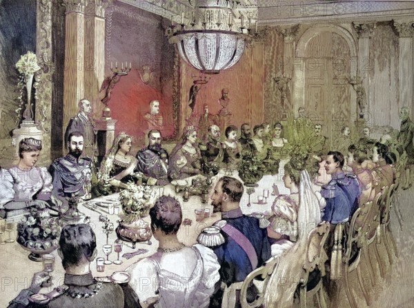 Marriage of Princess Victoria Melita of Saxe-Coburg and Gotha, 1876 - 1936, and Ernst Ludwig Karl Albrecht Wilhelm of Hesse and near Rhine, 1868 - 1937. The wedding feast in Palais Ehrenburg/Wedding of Princess Victoria Melita of Saxe-Coburg and Gotha, 1876 - 1936, and Ernst Ludwig Karl Albrecht Wilhelm of Hesse and near Rhine, 1868 - 1937. The wedding feast in Palais Ehrenburg, historical, digitally restored reproduction of an original model from the 19th century, exact original date unknown, subsequently colored