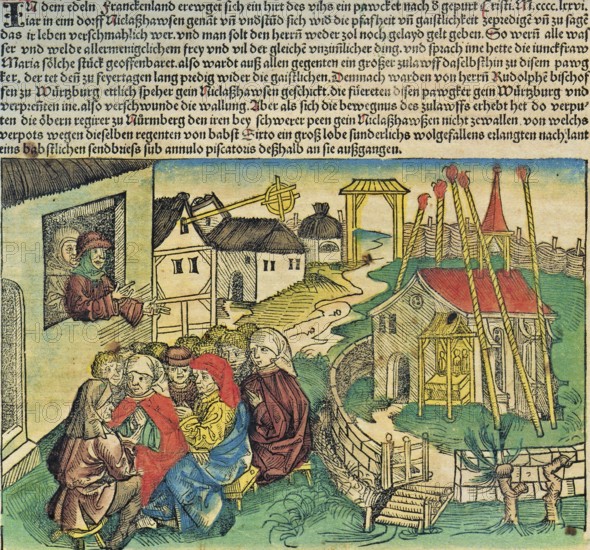 Hans Böhm or Hans Behem, Pauker von Niklashausen (born around 1458, died 19 July 1476), Pfeiferhannes, Pfeiferhänslein, was a cattle herder, musician, preacher and initiator of the Niklashausen pilgrimage of 1476. Report on the Pauker von Niklashausen in der Schedelschen Weltchronik von 1493 / Joseph II, Benedikt Hans Böhm or Hans Behem, Pauker von Niklashausen (born around 1458, died July 19, 1476), was a cattle herder, musician, preacher and initiator of the Niklashäuser pilgrimage of 1476. Report on the Pauker von Niklashausen in the Schedelsche Weltchronik of 1493, Historical, digitally restored reproduction of an original from the 19th century, exact original date unknown, subsequently coloured