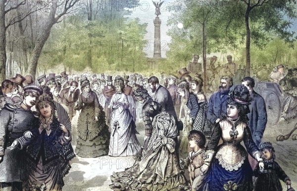 Historical illustration of an autumn afternoon in the Thiergarten in Berlin, Germany, people in the park on a sunny Sunday afternoon/Historical illustration of an autumn afternoon in the Thiergarten of Berlin, People in the Park on a Sunny Sunday afternoon, historical, digitally restored reproduction of an original original from the 19th century, exact original date unknown, subsequently colored