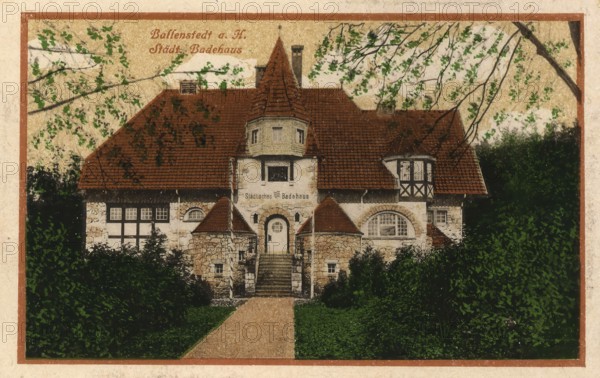 Historical postcard around 1900, Ballenstedt im Harz, bathhouse, Harz district in Saxony-Anhalt, Germany, digital reproduction of a historic postcard, public domain, from that time, exact date unknown