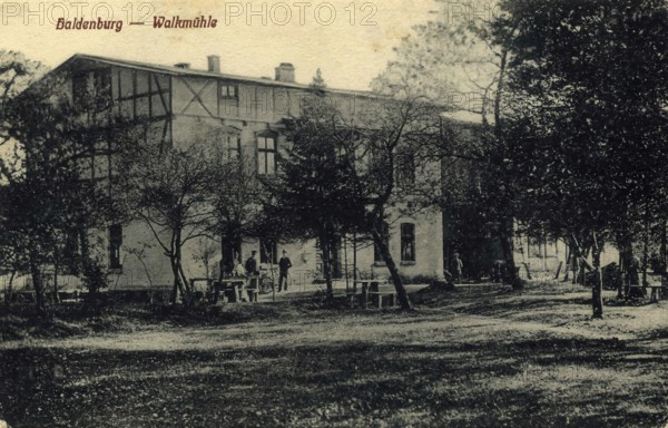 Historical postcard around 1900, Baldenburg, fulling mill, today Bialy Bor, city with seat of an urban and rural community in Szczecinecki County in the Polish voivodeship of West Pomerania, Poland, digital reproduction of a historical postcard, public domain, from that time, exact date unknown