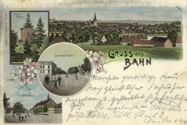 Historical picture postcard from around 1910, greeting from Bahn, today Banie, a village (former town) in the Polish voivodeship of West Pomerania, Poland, digital reproduction of a historical postcard, public domain, from that time, exact date unknown