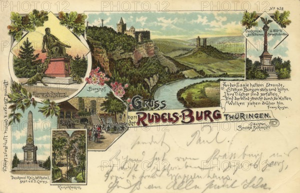 Historical postcard around 1910, Rudelsburg in Thuringia, above Saaleck in the Burgenlandkreis district now in Saxony-Anhalt, Germany, digital reproduction of a historic postcard, public domain, from that time, exact date unknown