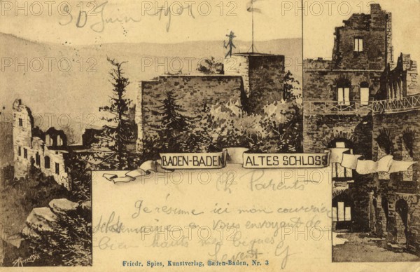 Historical postcard around 1910, Baden-Baden, Old Castle, spa town in the Black Forest, Baden-Württemberg, Germany, digital reproduction of a historic postcard, public domain, from that time, exact date unknown
