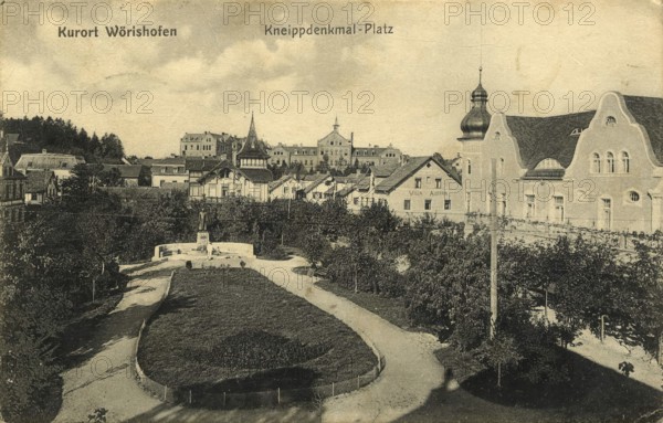 Historical postcard around 1910, Bad Wörishofen, Kneipp monument square, Unterallgäu district, Bavaria, Germany, digital reproduction of a historical postcard, public domain, from that time, exact date unknown