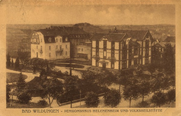 Historical postcard around 1910, Bad Wildungen, Pensionshaus Helenenheim and Volkshstätte, Waldeck-Frankenberg district, Hesse, Germany, digital reproduction of a historic postcard, public domain, from that time, exact date unknown