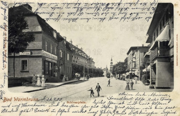 Historical postcard around 1910, Bad Warmbrunn in the Krkonoše Mountains, Castle Square, today Cieplice Slaskie-Zdroj, district of the town of Jelenia Gora in the Lower Silesian Voivodeship in Poland, digital reproduction of a historical postcard, public domain, from that time, exact date unknown