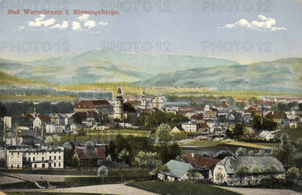 Historical postcard around 1910, Bad Warmbrunn in the Krkonoše Mountains, today Cieplice Slaskie-Zdroj, district of the town of Jelenia Gora in the Lower Silesian Voivodeship in Poland, digital reproduction of a historical postcard, public domain, from that time, exact date unknown