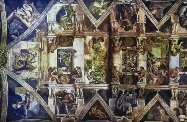 Historical image of A section of the Sistine Chapel ceiling, Michelangelo, Vatican, Rome, Italy/Historical image of A section of the Sistine Chapel ceiling, Vatican, Rome, Italy, historical, digitally restored reproduction of an original model from the 19th century, exact original date not known, colored later