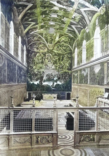 Historisches Foto (ca 1880) der Sixtinischen Kapelle, Rom, Vatikan, Italien / Historical photo of the Sistine Chapel, Rome, Vatican, Italy, Historical, digitally restored reproduction of an original from the 19th century, exact original date unknown, subsequently coloured