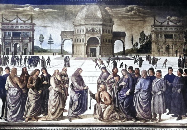 Historical photo (ca 1880) of The Delivery of the Keys, or Christ Giving the Keys to St. Peter is a fresco by the Italian Renaissance painter Pietro Perugino, located in the Sistine Chapel, Rome, Vatican, Italy, Historical, digitally restored reproduction of an original painting by the Italian Renaissance painter Pietro Perugino, Rome, Vatican, Italy. Peter is a fresco by the Italian Renaissance painter Pietro Perugino, located in the Sistine Chapel, Rome, Vatican, Italy, Historical, digitally restored reproduction of an original from the 19th century, exact original date unknown, subsequently coloured