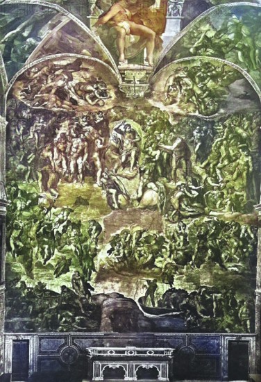 Historisches Foto (ca 1880) des Jüngsten Gerichts, das jüngste Gericht, oder des Tages des Herrn in der Sixtinischen Kapelle, Rom, Vatikan, Italien / Historical photo of Last Judgment, Final Judgment, Day of Judgment, Judgment Day, Doomsday, or The Day of the Lord, located in the Sistine Chapel, Rome, Vatican, Italy, Historical, digitally restored reproduction of an original from the 19th century, exact original date unknown, subsequently coloured