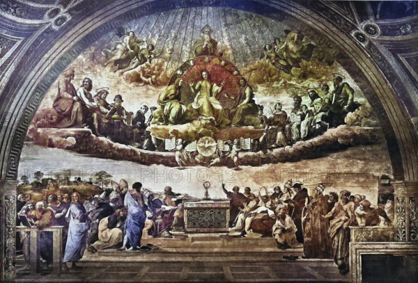 Historical image of the dispute, by Raphael, Vatican City State or Vatican City State, Stato della CitTó del Vaticano/Historical image of The dispute, by Raphael, Vatican City State or the State of Vatican City, Stato della CitTó del Vaticano, historical, digitally restored reproduction of an original original from the 19th century, exact original date not known, subsequently colored