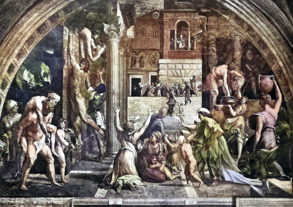 Historical photo (ca 1880) of The Fire in the Borgo, 1514, Stanza dell'incendio del Borgo, painted by the workshop to Raphael's design, Vatican, Rome, Italy / Historical photo of The Fire in the Borgo, painted by the workshop to Raphael's design, Vatican, Rome, Italy, Historical, digitally restored reproduction of an original from the 19th century, exact original date unknown, subsequently coloured
