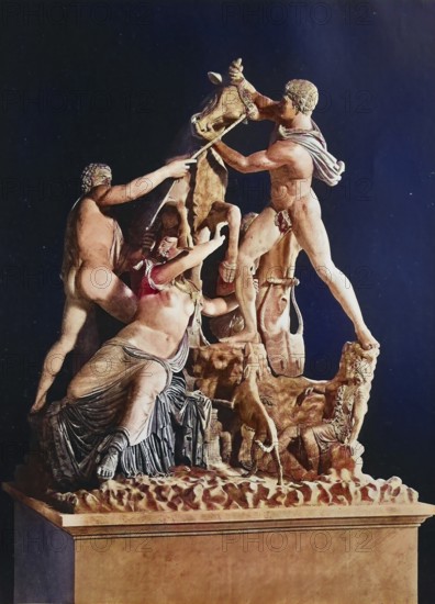 Historical image of The Farnese Bull, Toro Farnese, formerly in the Farnese collection in Rome, is a massive Roman copy of a Hellenistic sculpture, Naples, Italy/Historical image of The Farnese Bull, formerly in the Farnese collection in Rome, is a massive novel elaborated copy of a Hellenistic sculpture, Naples, Italy, historical, digitally restored reproduction of an original original from the 19th century, accurate original date not known, colored later