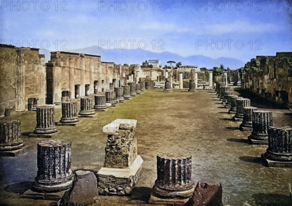 Historic photo (ca 1880) der Ruinen von Pompeii, die Basilika, Italien / Historic photo of Ruins of Pompeii, the basilica, Italy, Historic, digitally restored reproduction of an original from the 19th century, exact original date unknown, subsequently coloured