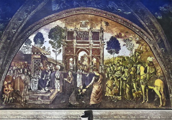 Historical depiction of the Disputation of Saint Catherine of Alexandria, also known as Saint Catherine of the Wheel and the Great Martyr Catherine, in front of the Western Roman Emperor Petronius Maximus, painting in the House of Borgia, Rome, Italy/Historic image of the Disputation of the Holy Catharina, Saint Catherine of Alexandria, or Saint Catharine of Alexandria, also known as Saint Catherine of the Wheel and The Great Martyr Saint Catherine, Infront of Western Roman Emperor Petronius Maximus, painting in the house of the Borgia, Rome, Italy, historical, digitally restored reproduction of an original original from the 19th century, exact original date unknown, subsequently colored