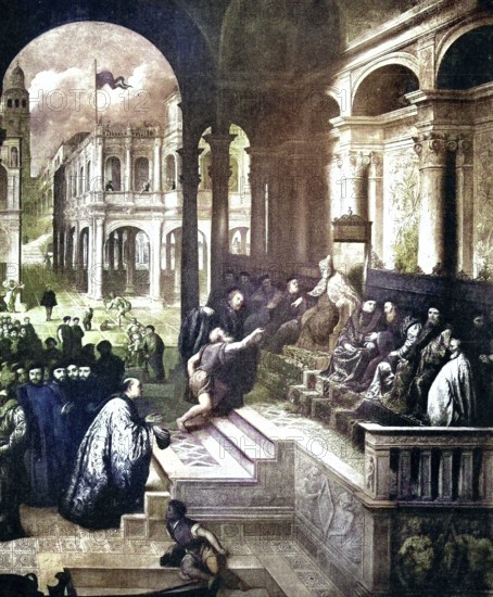 Historisches Foto (ca 1880) von Der Fischer vor dem Dogen von Venezia, Venedig, Gemälde von Paris Bordone, Italien / Historical photo of The fisherman in front of the doge of Venezia, Venice, painting by Paris Bordone, Italy, Historical, digitally restored reproduction of an original from the 19th century, exact original date unknown, subsequently coloured