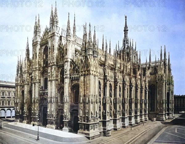 Historisches Foto (ca 1880) des Miländer Doms, Duomo di Milano, Italien / Historical photo of Milan Cathedral, Italy, Historic, digitally restored reproduction of an original from the 19th century, exact original date unknown, subsequently coloured