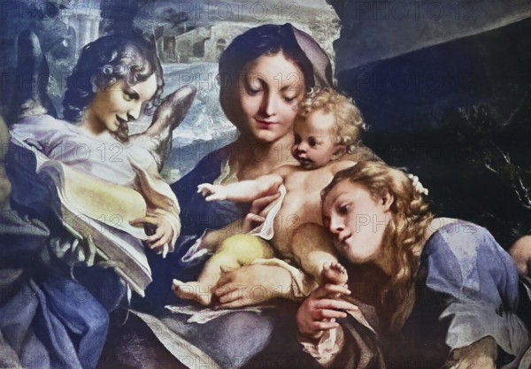 Historisches Foto (ca 1880) der Madonna mit Kind, Gemälde von Antonio da Correggio, Italien / Historical photo of Madonna and child, painting by Antonio da Correggio, Italy, Historical, digitally restored reproduction of an original from the 19th century, exact original date unknown, subsequently coloured