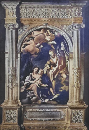 Historisches Foto (ca 1880) der Madonna della Scodella, ein Ölgemälde von Antonio da Correggio, Italien / Historical photo of Madonna della Scodella, an oil painting of Antonio da Correggio, Italy, Historic, digitally restored reproduction of an original from the 19th century, exact original date unknown, subsequently coloured