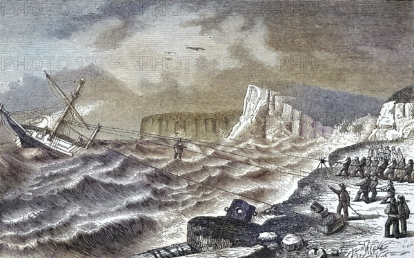 Historical illustration of the rescue of castaways, Germany/Historical illustration showing the Rescue of Shipwrecked, Germany, historical, digitally restored reproduction of an original model from the 19th century, exact original date unknown, subsequently colored