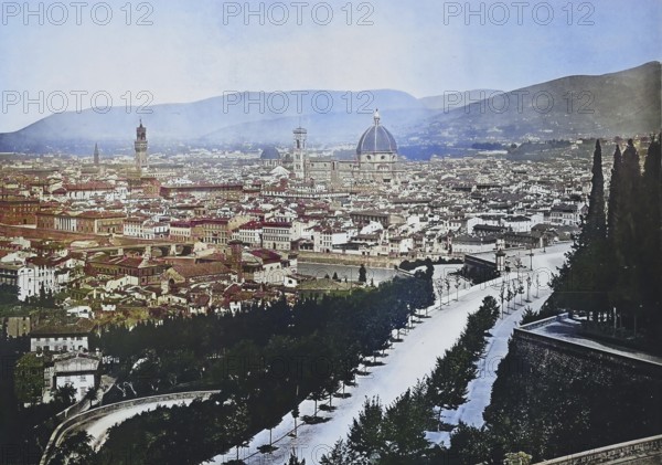 Historisches Foto (ca 1880) von Ansicht von Florenz, Toskana, Italien / Historical photo of View of Florence, Tuscany, Italy, Historical, digitally restored reproduction of an original from the 19th century, exact original date unknown, subsequently coloured