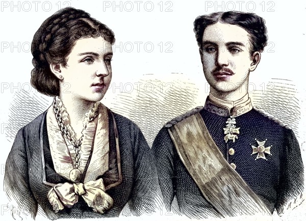 Maria de las Mercedes de Orleans y Borbon, 1860 - 1878 and Alfonso XII 1857 - 1885, Alfonso Francisco de Asýs Fernando Pýo Juan Marýa de la Concepcion Gregorio Pelayo de Borbon y Borbon. Queen and King of Spain/Maria de las Mercedes de Orleans y Borbon, 1860 - 1878 and Alfonso XII. Queen and King of Spain, historical, digitally restored reproduction of an original model from the 19th century, exact original date not known, subsequently colored