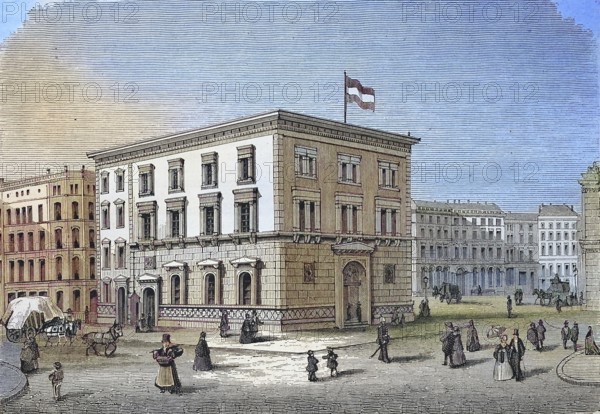 Historical illustration of the Olfener bank building in Hamburg, Germany/Historical illustration of the olf bank building of Hamburg, Germany, historical, digitally restored reproduction of an original model from the 19th century, exact original date unknown, subsequently colored