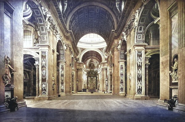 Historical photo (ca 1880) of the interior of the Papal Basilica of St. Peter in the Vatican, Basilica Papale di San Pietro in Vaticano, or St. Peter's Basilica, an Italian Renaissance church in Vatican City, the papal enclave within the city of Rome, Italy / Historical photo of inside of the Papal Basilica of St. Peter's Basilica, an Italian Renaissance church in Vatican City, the papal enclave within the city of Rome, Italy. Peter's Basilica, an Italian Renaissance church in Vatican City, the papal enclave within the city of Rome, Italy, Historisch, digital restaurierte Reproduktion einer Originalvorlage aus dem 19. century, genaues Originaldatum nicht bekannt, nachträglich farbiert
