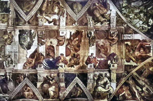 Historical image of A section of the Sistine Chapel ceiling, Vatican, Rome, Italy/Historical image of A section of the Sistine Chapel ceiling, Vatican, Rome, Italy, historical, digitally restored reproduction of an original model from the 19th century, exact original date not known, subsequently colored
