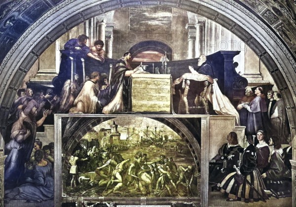 Historisches Foto (ca 1880) des Wunders von Bolsena, von Raphäl, Staat Vatikanstadt oder Staat der Vatikanstadt, Stato della Citta del Vaticano, Rom, Italien / Historical photo of the miracle of Bolsena, by Raphäl, Vatican City State or the State of Vatican City, Rome, Italy, Historical, digitally restored reproduction of an original from the 19th century, exact original date unknown, subsequently coloured