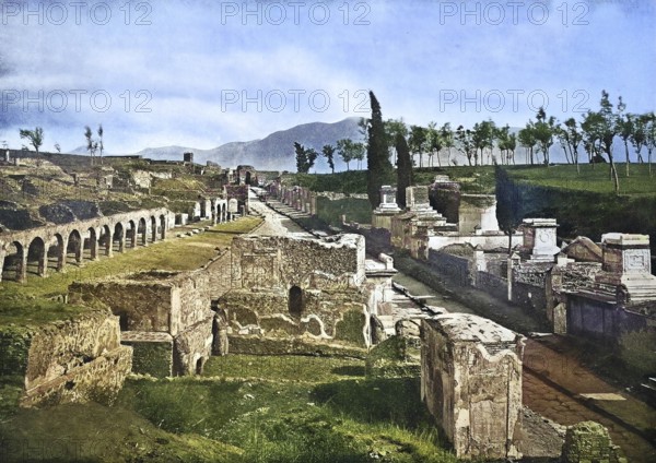 Historic photo (ca 1880) of the ruins of Pompeii, die Straßen der Gräber, Italien / Historic photo of Ruins of Pompeii, the streets of the graves, Italy, Historic, digitally restored reproduction of an original from the 19th century, exact original date unknown, subsequently coloured