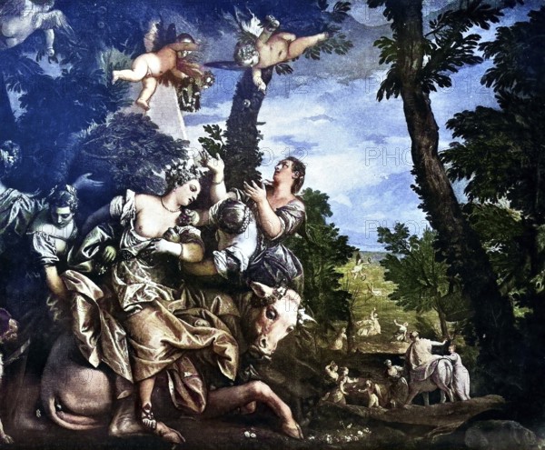 Historisches Foto (ca 1880) von Die Vergewaltigung der Europa, griechische Mythologie, Gemälde von Paolo Veronese, Italien / Historical photo of The Rape of Europa, Greek mythology, painting by Paolo Veronese, Italy, Historical, digitally restored reproduction of an original from the 19th century, exact original date unknown, subsequently coloured
