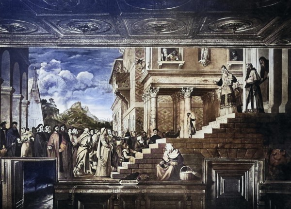 Historisches Foto (ca 1880) des Besuchs von Maria, Maria Magdalena, im Tempel, Gemälde von Tizian, Venedig, Venezia, Italien / Historical photo of the visit of Maria, Mary Magdalene, in the temple, painting by Titian, Venice, Italy, Historical, digitally restored reproduction of an original from the 19th century, exact original date unknown, subsequently coloured