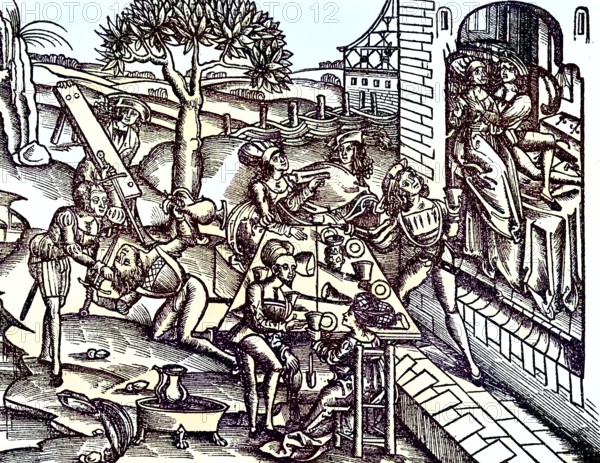 Brothel with Zebring and Fighting Junker, Soldier, Germany/Brothel with Zebring and Struggling Junker, Soldier, Germany, historical, digitally restored reproduction of an original model from the 19th century, exact original date unknown, subsequently colored