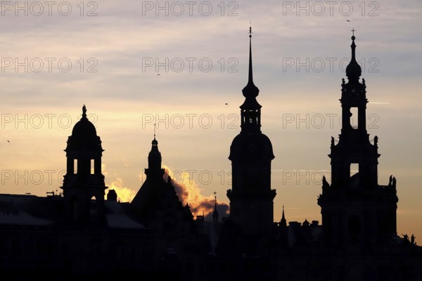 View of the old town of Dresden, castle and court church, winter evening, Dresden, Saxony, Germany