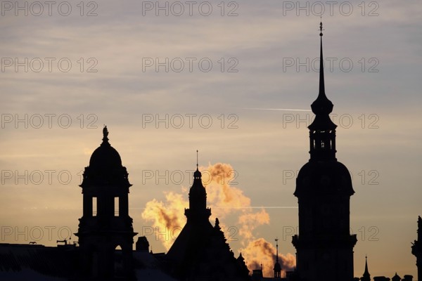 View of the old town of Dresden, castle, winter evening, Dresden, Saxony, Germany