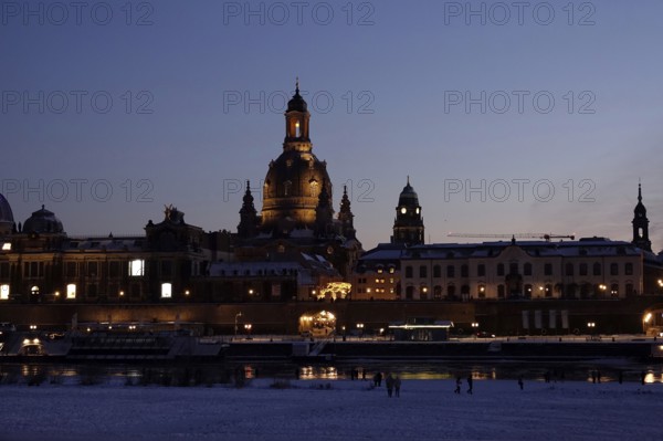 Dresden on a winter evening, Elbe, Church of Our Lady, Saxony, Germany