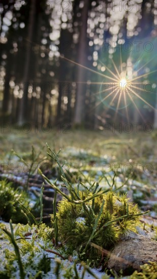 Rays of sunlight illuminate moss-covered (musco) plants in a dense forest, Franconian Forest nature park Park