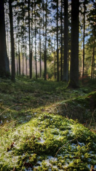 Illuminated, moss-covered (musco) forest floor with light-flooded trees in the background, Franconian Forest nature park Park