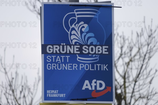 An Alternative for Germany (AfD) election poster with the slogan Green sauce instead of green politics hangs on a lamp post in Frankfurt am Main. The Hessian state government has set 15 March 2026 as the election date for local elections in Hesse. On this day, the elections for the city council and the 16 local councils will take place in Frankfurt, Frankfurt am Main, Hesse, Germany
