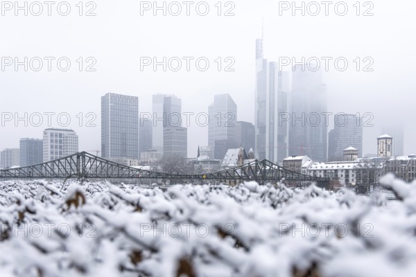 Clouds envelop Frankfurt's banking skyline. Heavy snowfalls have caused another onset of winter in the Main metropolis, Osthafen, Frankfurt am Main, Hesse, Germany
