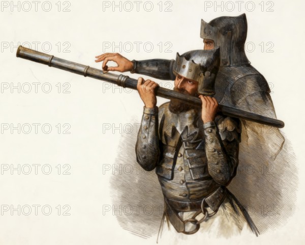 Two soldiers using a hand cannon, Bâton à feu, 14th century